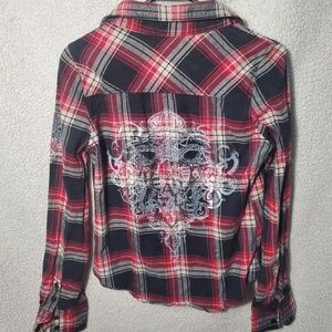 Red and black bedazzled flannel button down shirt